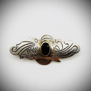 Vintage Mexico 925 Sterling Black Onyx Scroll Brooch Pin